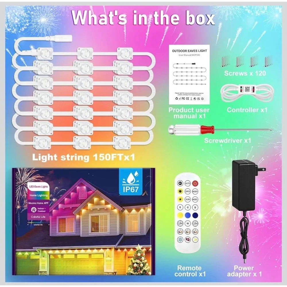Mocmo LED Eaves Lights Outdoor 150FT White Smart RGB App Remote Control